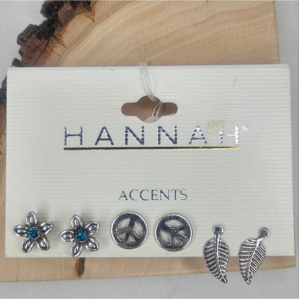 Hannah Accents Flower, Peace Sign, And Leaf Silver Tone Set Of 3 NWT Retail $24